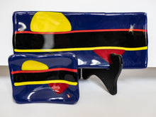 Load image into Gallery viewer, Sushi tray and sauce bowls - Navy blue with yellow red embellishments