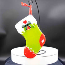 Load image into Gallery viewer, Holiday Stocking - Green with red toes, green bow and heart