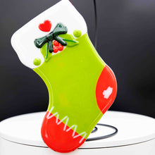 Load image into Gallery viewer, Holiday Stocking - Green with red toes, green bow and heart