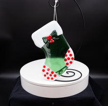 Load image into Gallery viewer, Holiday Stocking - Green with red toes, white polka dots and long red stripes