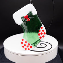 Load image into Gallery viewer, Holiday Stocking - Green with red toes, white polka dots and long red stripes