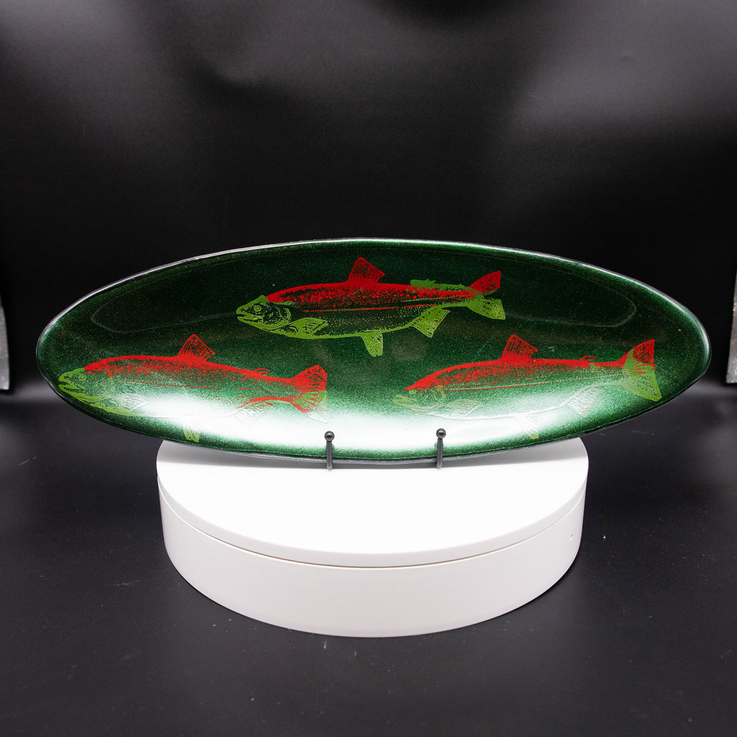 Plate - Dichroic green with trout long oval platter