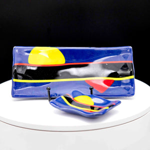 Sushi tray and sauce bowls - Navy blue with yellow red embellishments