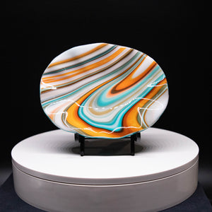 Plate - Orange cream and blue rippled edge round bowl