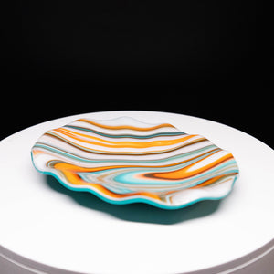Plate - Orange cream and blue rippled edge round bowl