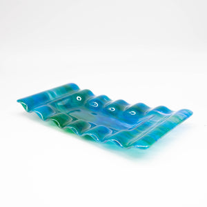 Plate - Green and turquoise rectangular ripple edged platter