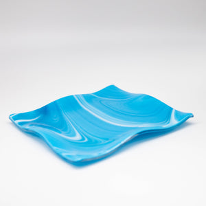 Plate - Sky blue swirl medium square plate with wavy edges