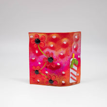 Load image into Gallery viewer, Votive holder - Red iridescent glass decorated with flowers and holiday candle
