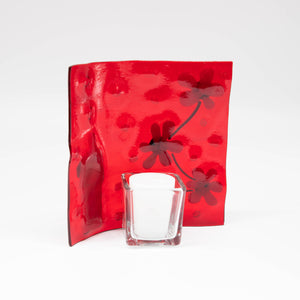 Votive holder - Red iridescent glass decorated with flowers and holiday candle