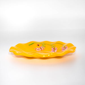 Bowl - Bright yellow oval dish with scalloped edge