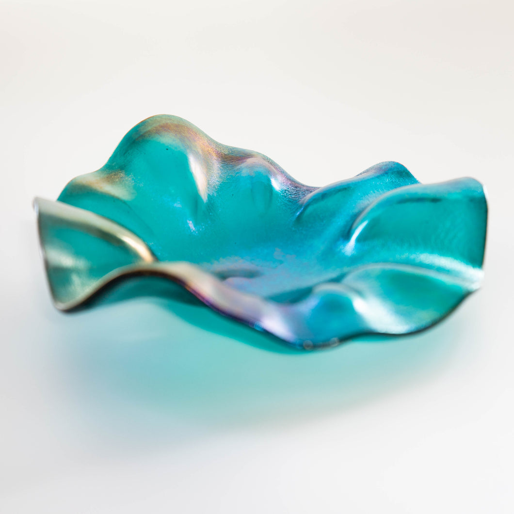 Bowl - Iridescent blue and green ripple edged bowl