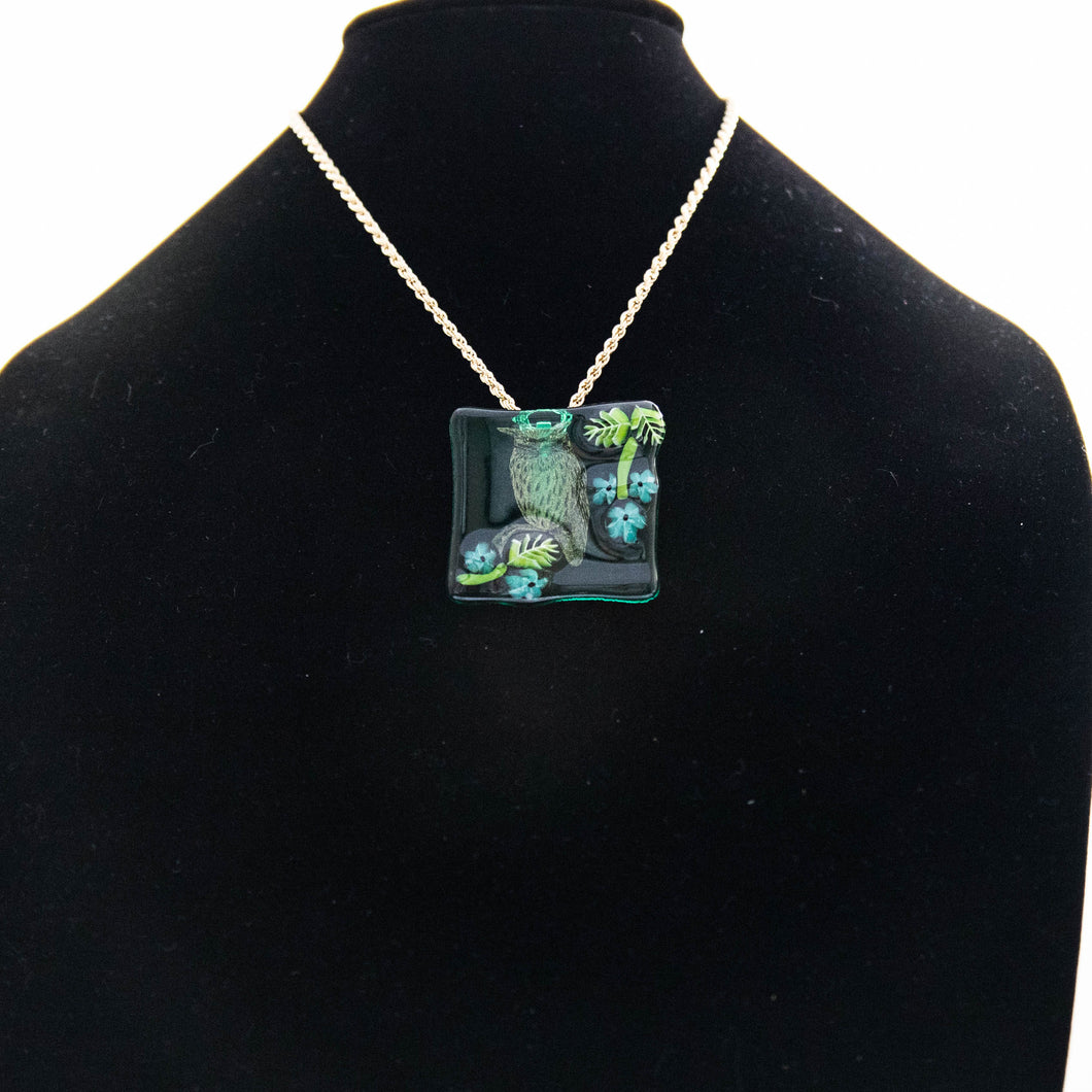 Jewelry - Clear glass square pendant with owl and flowers
