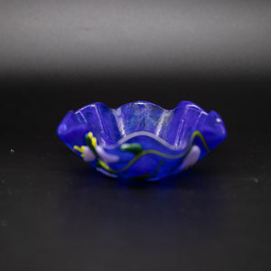Bowl - Deep blue glass bowl adorned with flowers