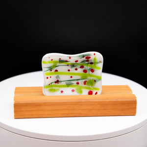 Holiday - Holly Berry white glass dish with extra green stripes