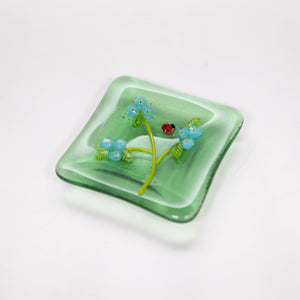 Plate - Clear green soap dish with blossoms